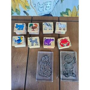 10 Vintage Wood & Acrylic Rubber Stamps Animals Cat Dennis Menace Provo Craft